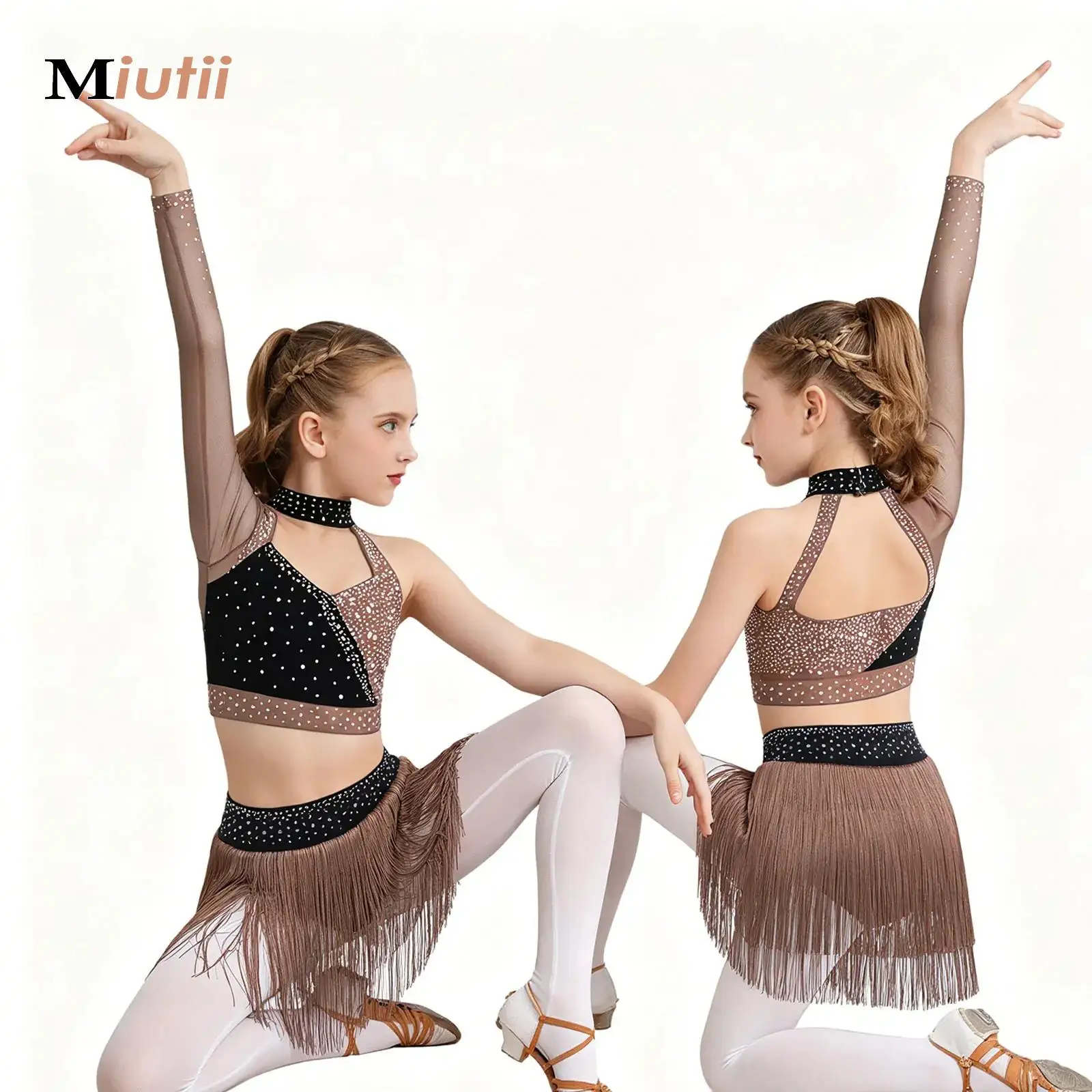 

Kids Girls Latin Dance Outfit Skating Costume Rhinestones Crop Top+ Tassel Skirted Leotards Rhythmic Gymnastic Lyrical Dancewear