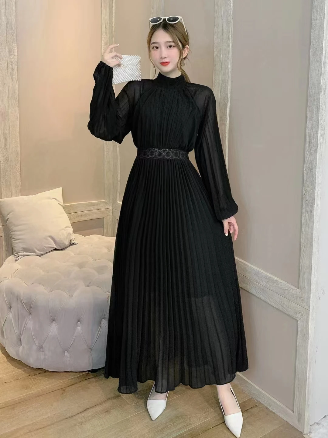 2023 New Spring Autumn Women Stand Collar Long Sleeve Slim Long Dress High Quality Perspective Lace Patchwork Pleated Maxi Dress