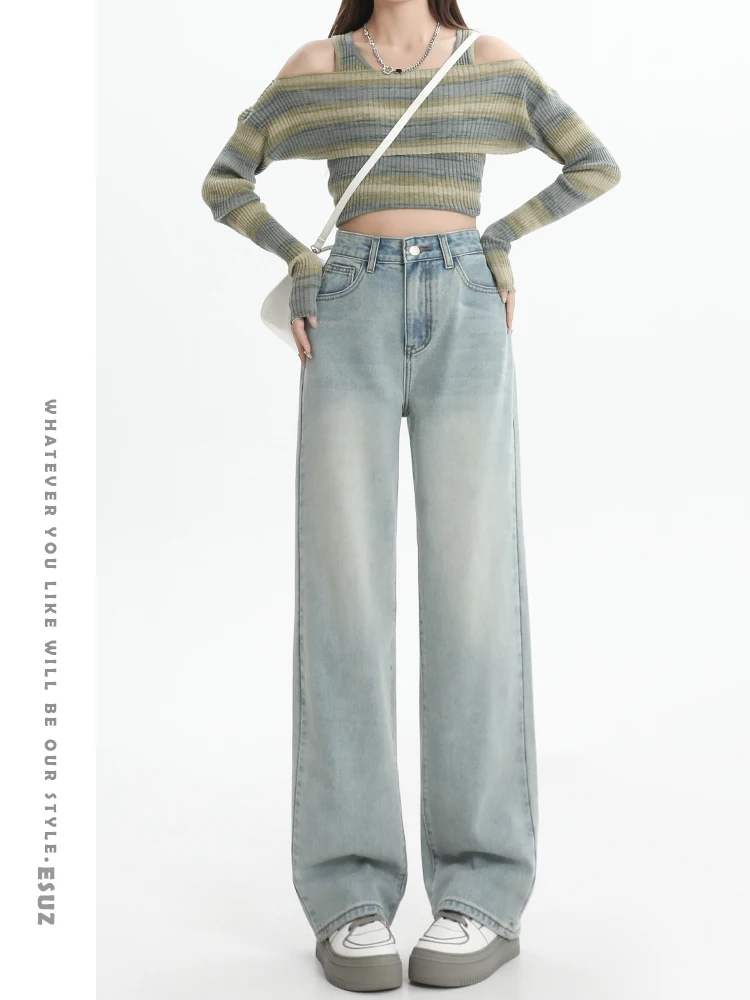 بنطلون جينز نسائي عالي الخصر وواسع الساق من قماش الدنيم فضفاض ومطبوع للتخسيس بقصة مستقيمة بطول الكاحل وصل حديثًا لربيع وصيف