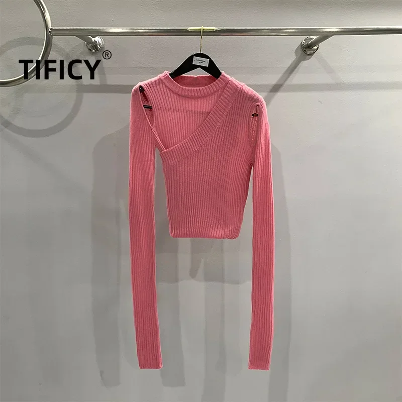 Tificy-女性用2層長袖ニットセーター、ハイストリートジャンパー、y2k服、マルチウェア、フレンチ、ファッション