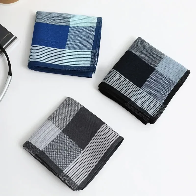 3 Packs Soft Cotton Yarn-Dyed Plaid Handkerchiefs Men Sweat-Wipe Pocket Squares Gift