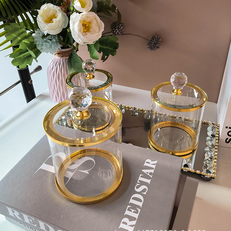 4pcs Glass Candy Jar with Lid Mirror Tray Jewelry Cosmetic Aromatherapy Tea Cup Storage Tray Gold Dried Fruit Snack Sealed Jar