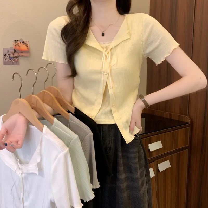 Fashionable Korean Style Lace Splice Short Sleeve Top Women's Summer New Design Gentle Style Fake Two-Piece T-Shirt