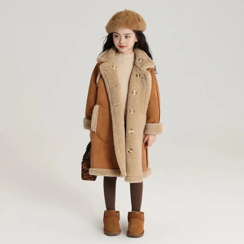 

2025 Winter New Style Girls' Fleece Lined Reversible Velvet Coat with Thickened Faux Fur Warm Kids' Outdoor Winter Clothing