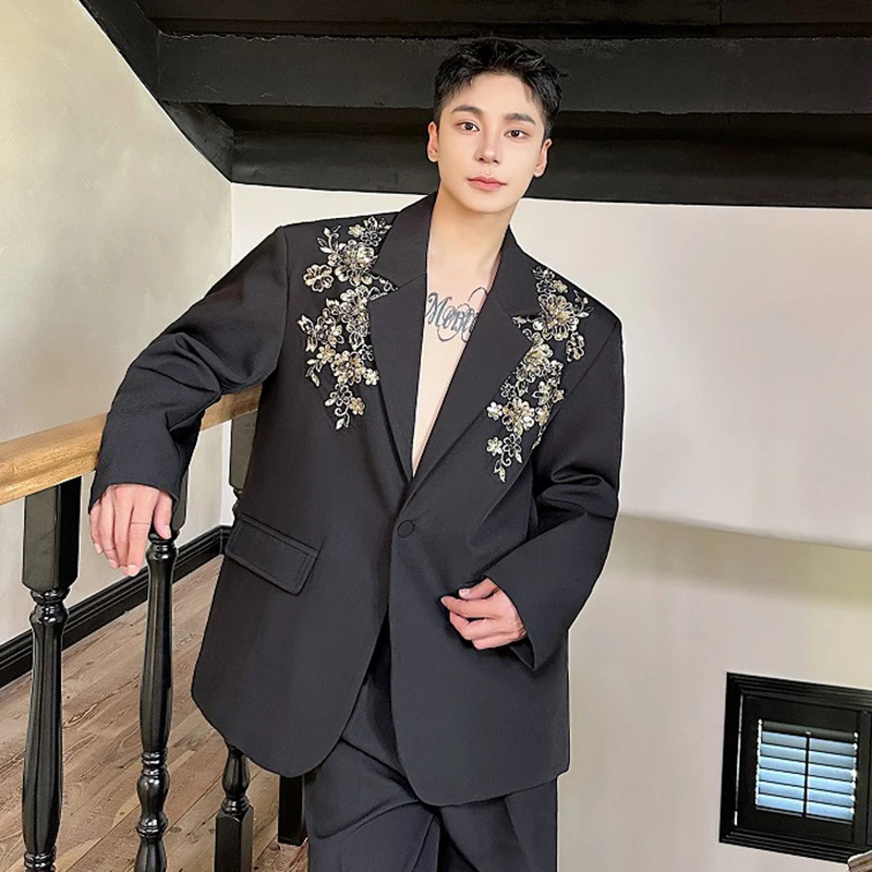 IEFB Korean Style Men\'s Blazers Three-dimensional Embroidery Sequins Single Button Male Casual Clothing New Fashion 2024 9C7244