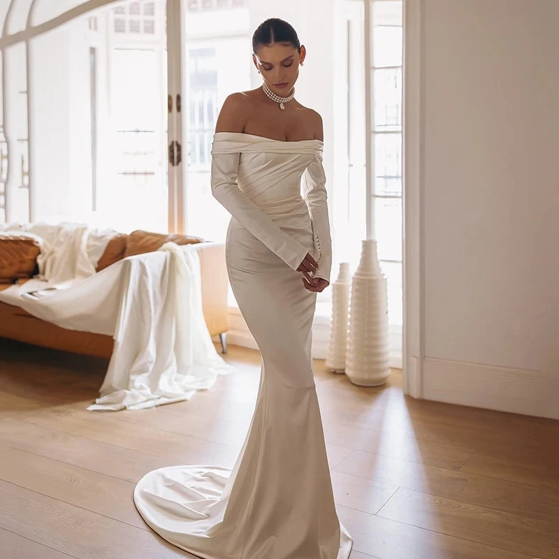 

Satin Mermaid Wedding Dresses Off The Shoulder Long Sleeve Satin Boho Bridal Customize To Measures Stunning Robe Mariee Civil