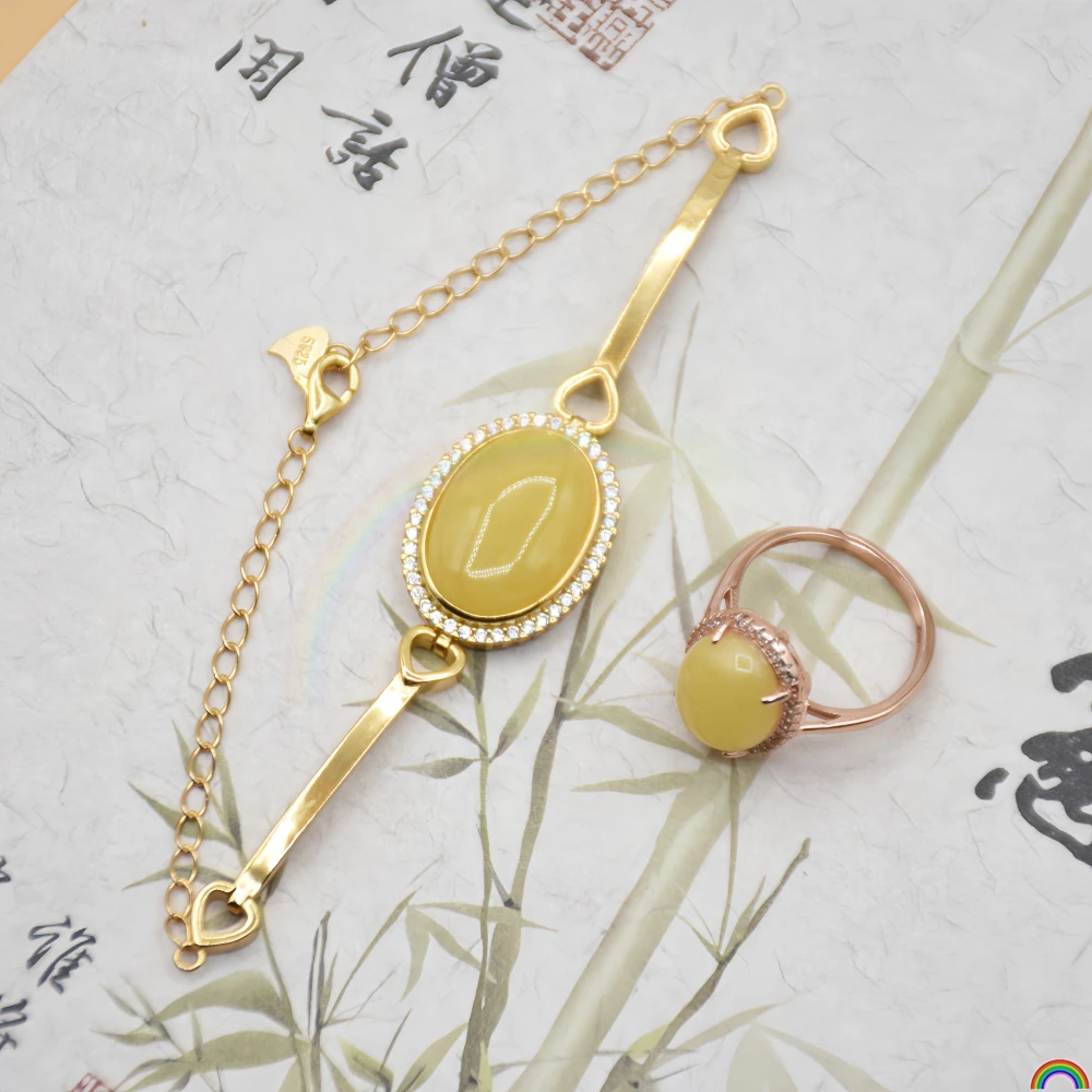 

Natural Honey Wax Bracelet s925 Silver Inlaid Egg Noodles Chicken Oil Yellow Honey Wax Women's Ring Rwbuye Brand Jewelry