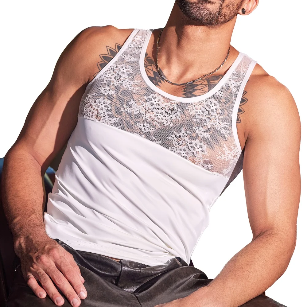 

Модный кружевной сетчатый дышащий мужской жилет с кружевной кожаной прозрачной открытой грудью сексуальный жилет спортивный топ для фитнеса