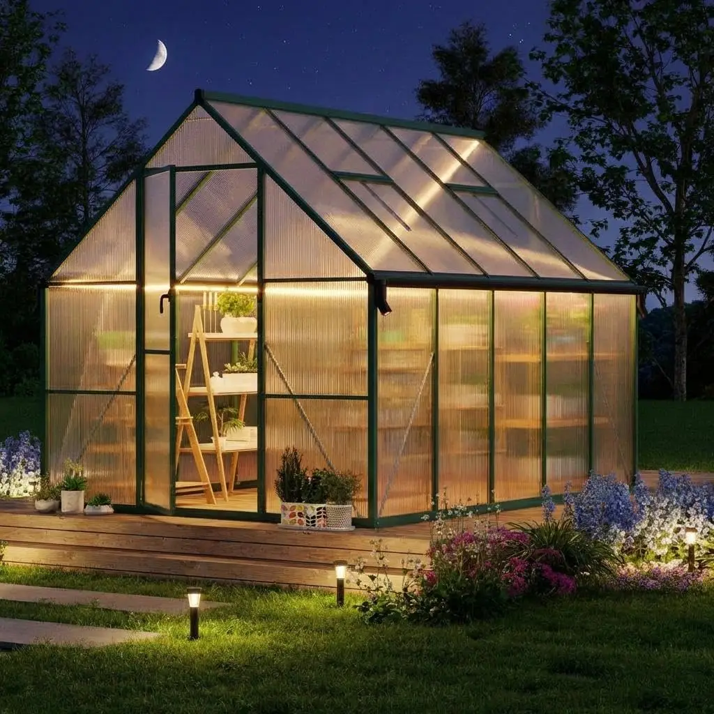 

8x10 ft Outdoor Greenhouse Kit, Heavy Duty Polycarbonate Greenhouse with Reinforced Aluminum Frame, Adjustable Roof, Custom