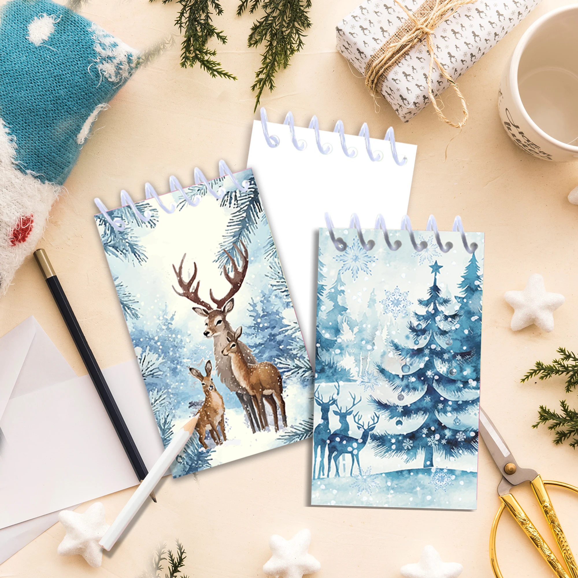8 pçs natal espiral bloco de notas mini caderno para o natal inverno crianças escola festa favores floresta flocos de neve árvore elk presentes de ano novo