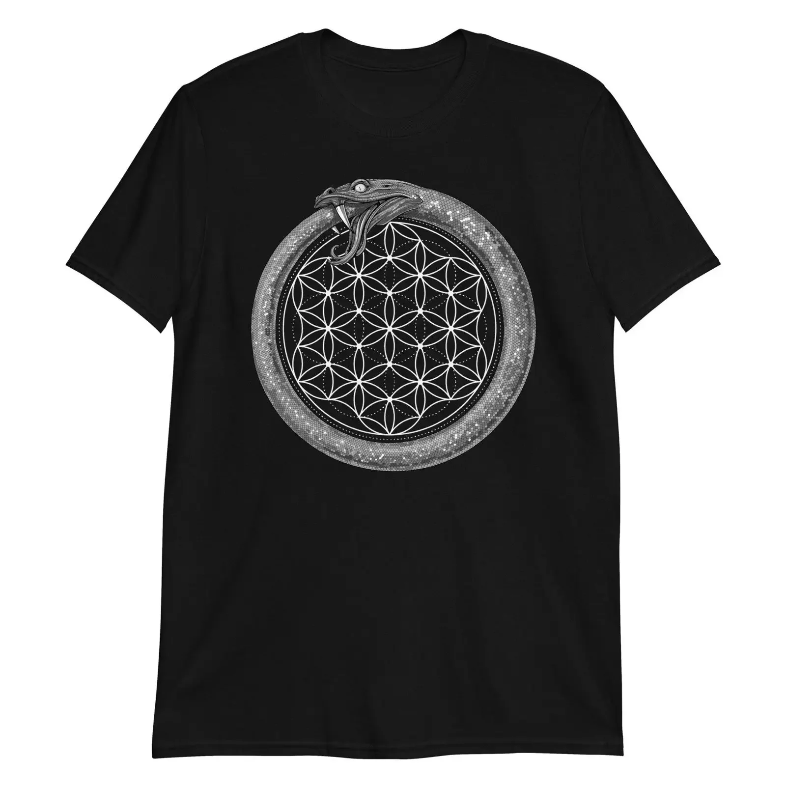 Ouroboros Snake Flower Of Life T Shirt Sacred Geometry Gnosticism Symbol Spiritual Esoteric  vintage Washed Versatile