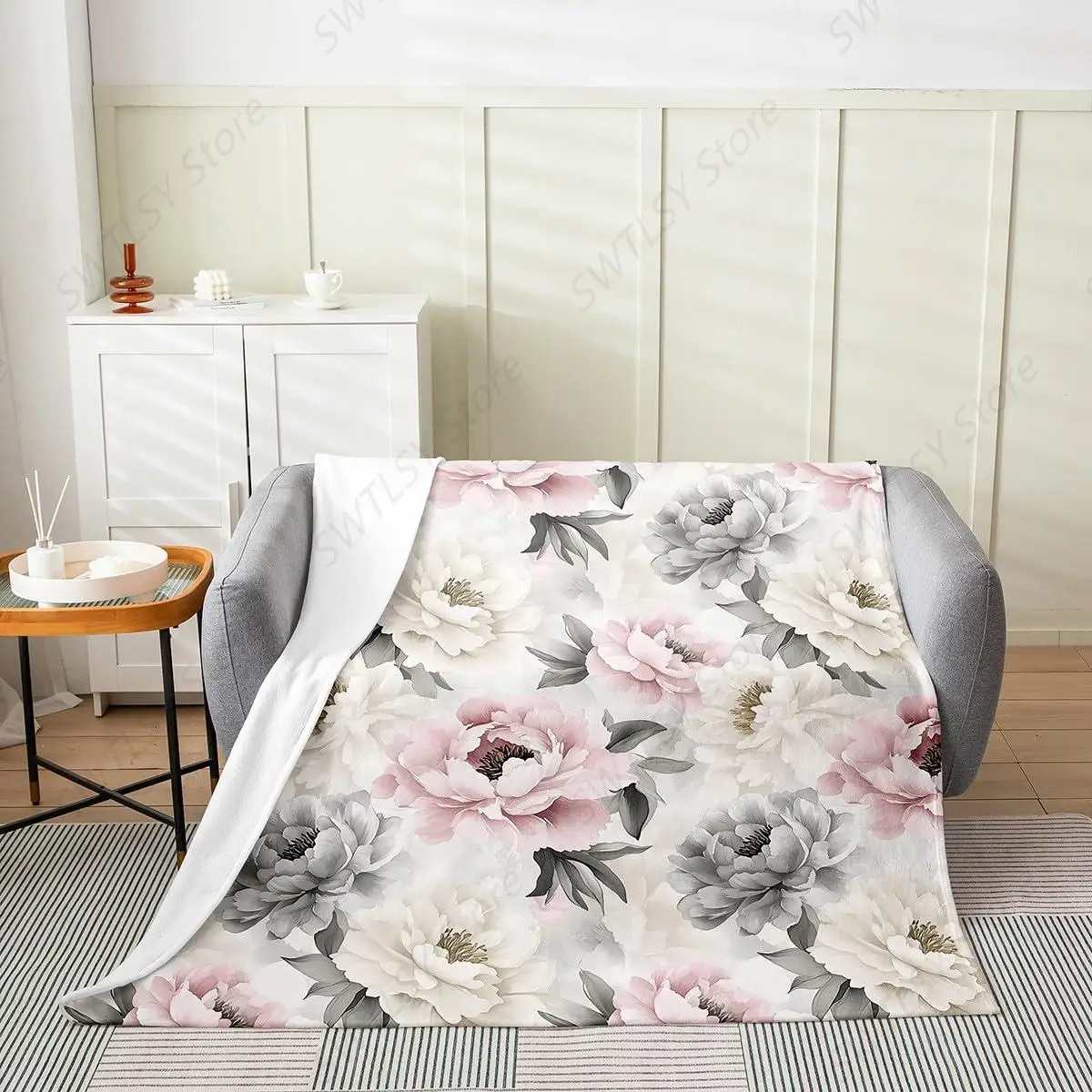 Pink Beige Grey Peony Fleece Throw Blanket 40