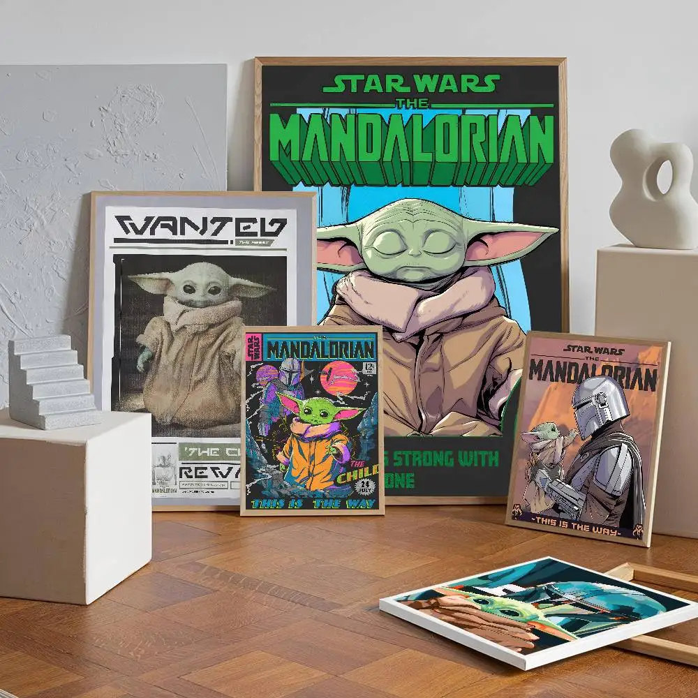 Póster de dibujos animados de TV Play The Mandalorian Baby Y-Yoda, arte autoadhesivo, pegatina de papel impermeable, decoración de pared de habitación, cafetería, Bar