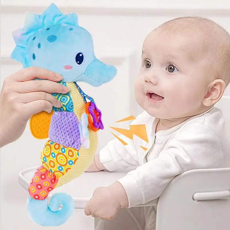 Brinquedo de pelúcia Seahorse com dobra e chocalhos, anéis de animais recheados, brinquedos sensoriais macios