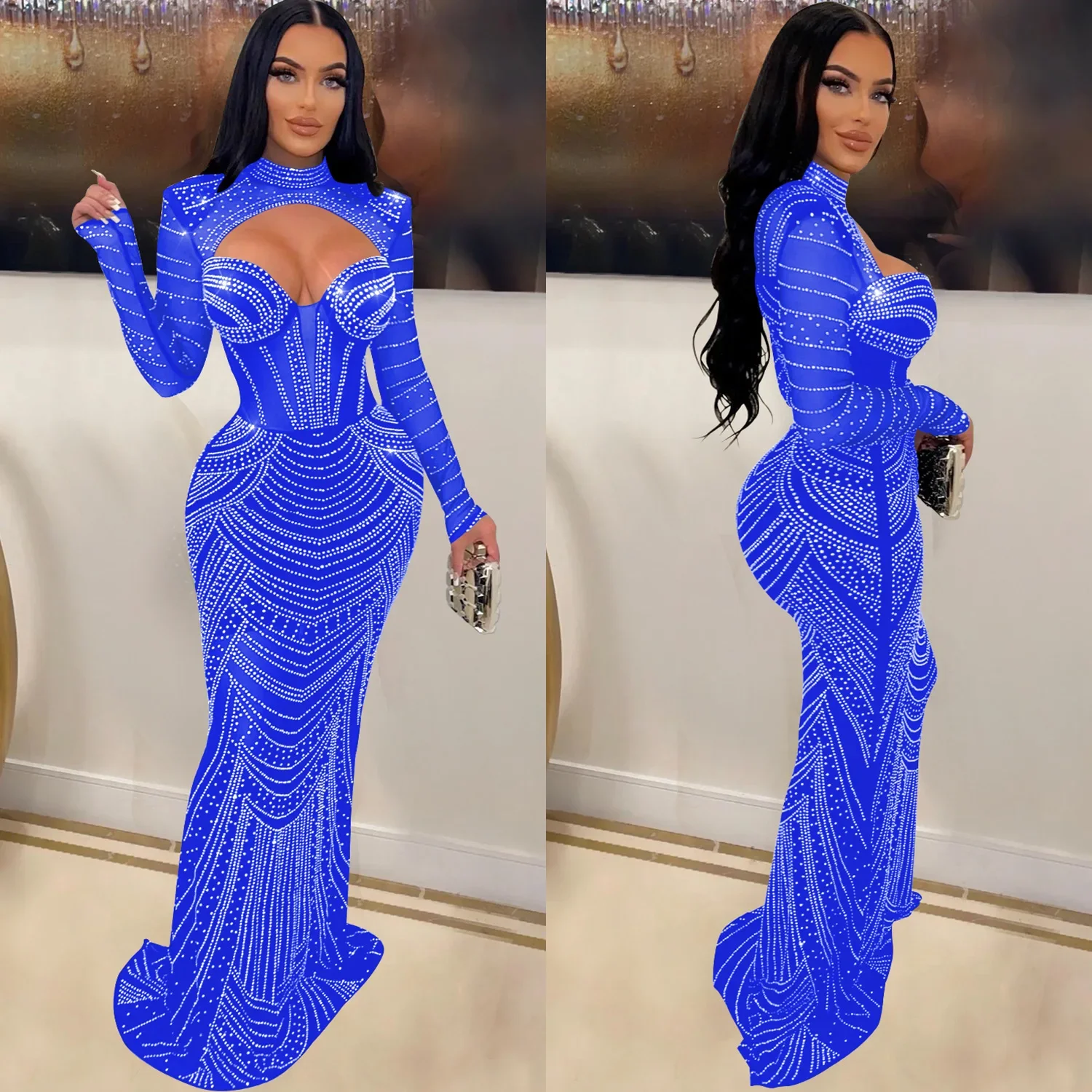 Elegant Diamond Rhinestone Sheer Msh Evening Prom Floor Length Dress Women Outfits Vestidos Sexy See Through Party Club Dresses