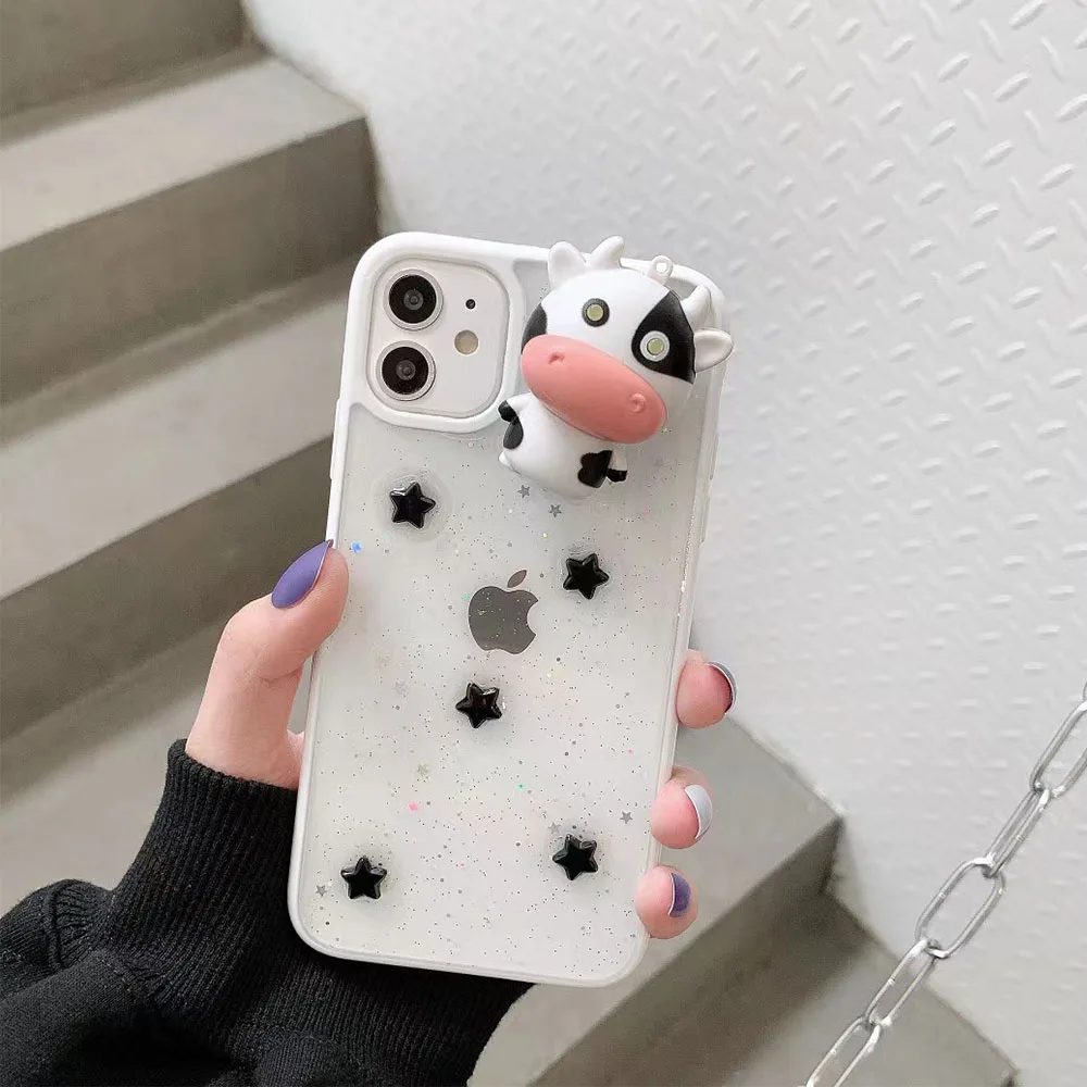 3D Dimensional Glowing Cow Doll Glitter Epoxy Transparent Soft Phone Cases for iphone 15 14 13 Pro 12 11 XS XR 7 8 Plus SE Cover