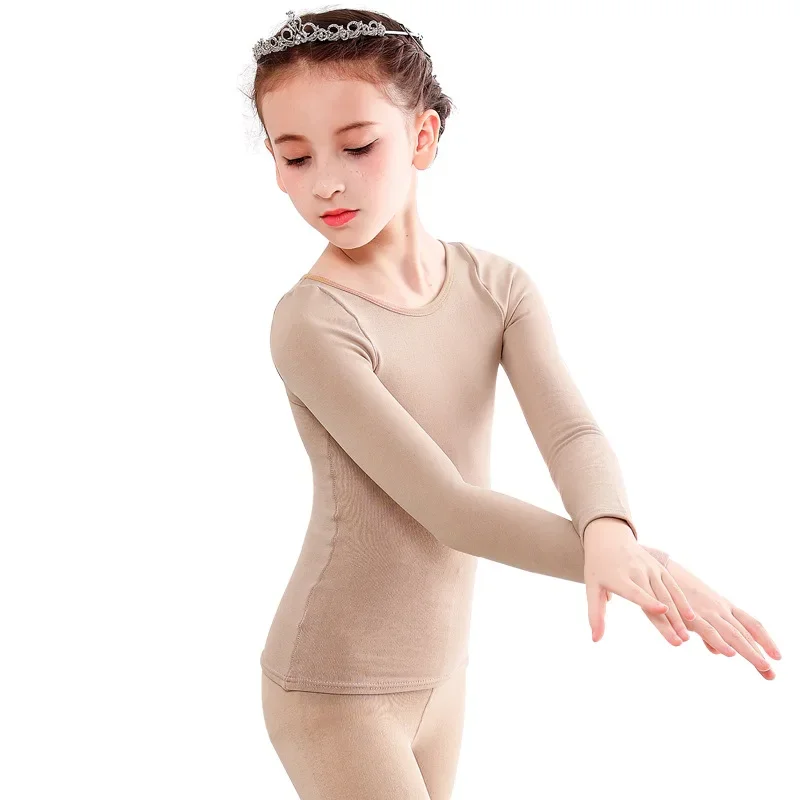 

Осенне-зимний детский облегающий танцевальный тренировочный костюм на флисовой подкладке цвета кожи, теплый комплект нижнего белья для мальчиков и девочек