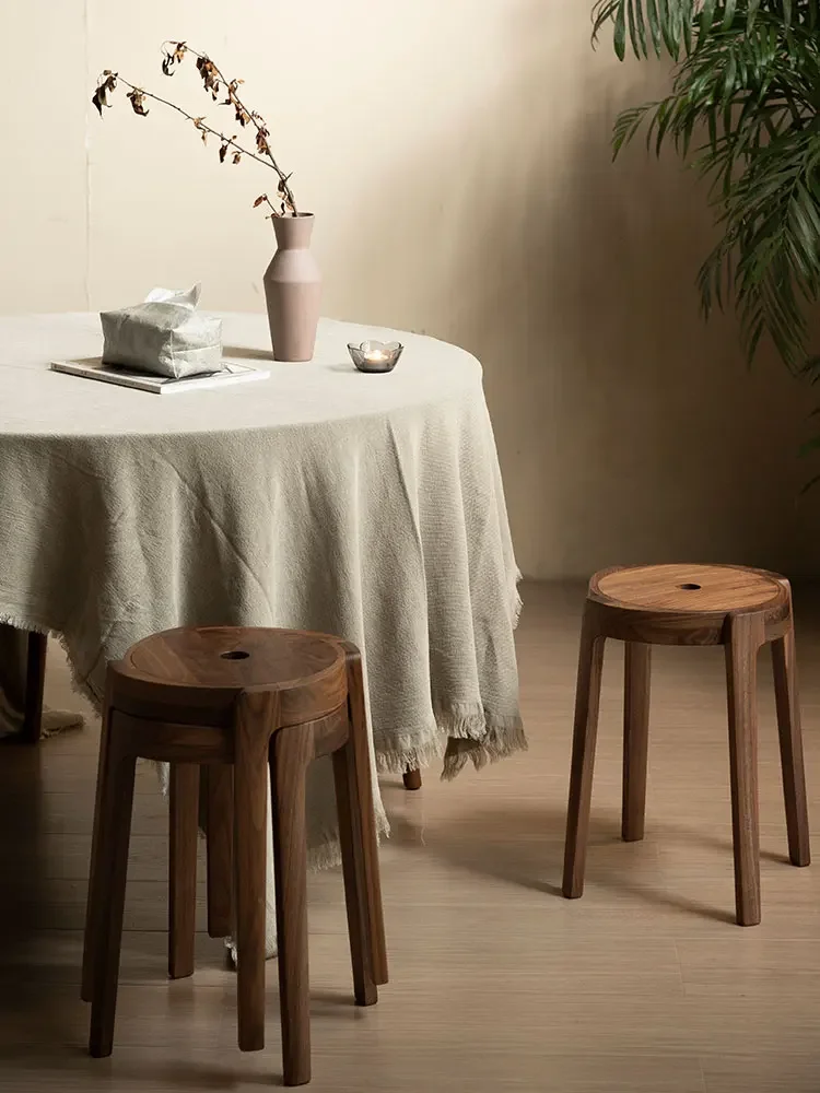 Household black walnut windmill stool modern simple stackable solid wood round stool small-sized restaurant spare stool.