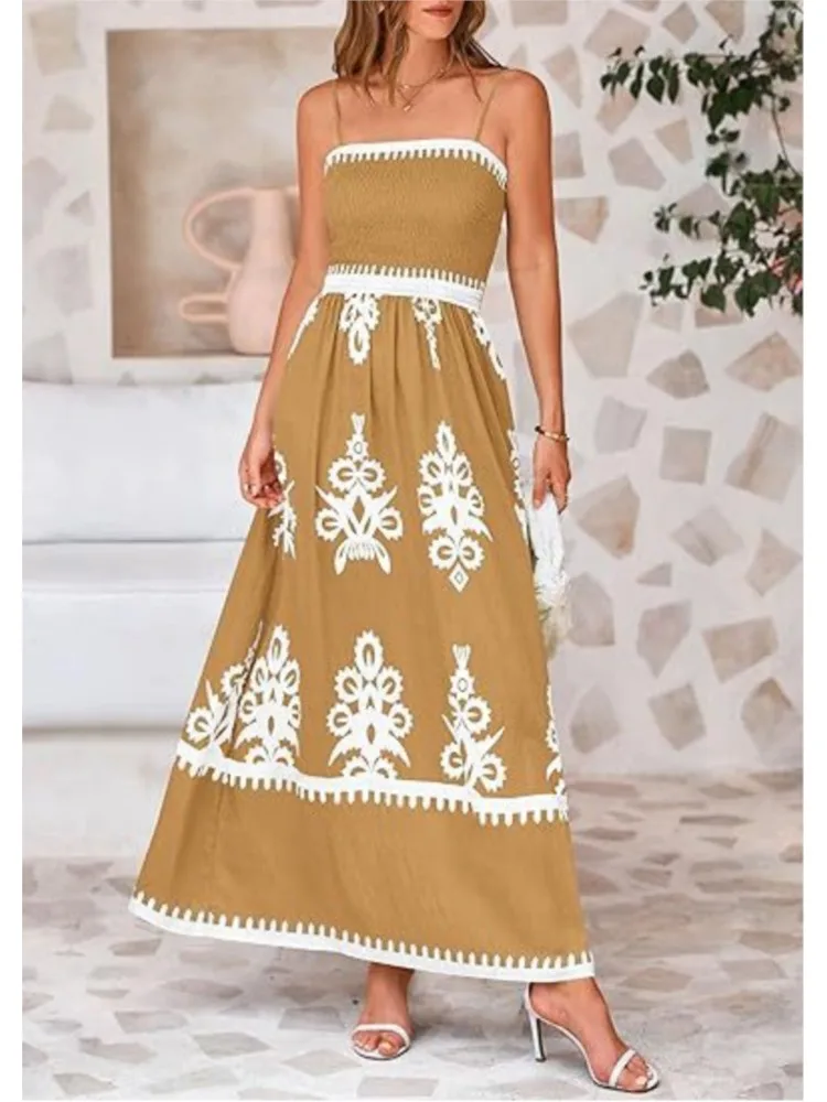 

2025 Summer New Casual Holiday Print Sling Elasticated Chest Backless Dress Sleeveless A-Line Fashion Party Dresses For Women