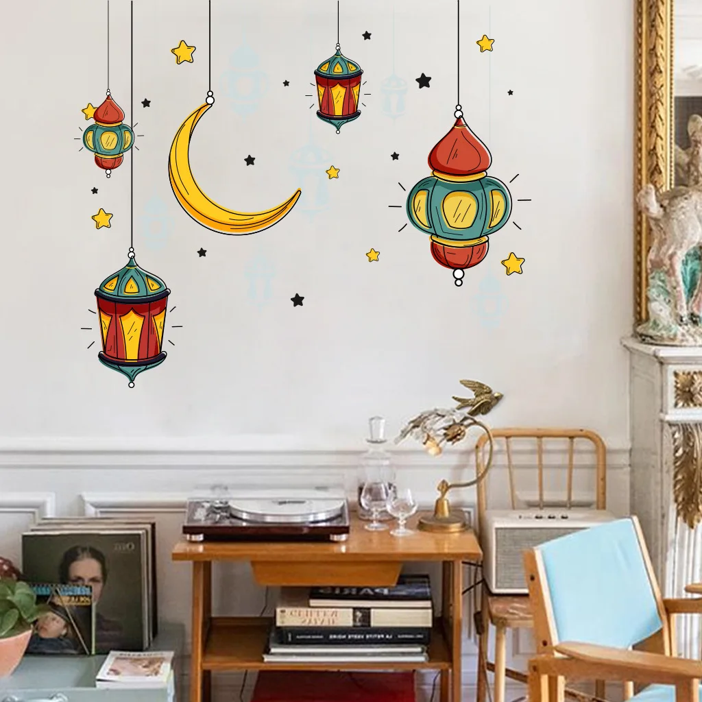 NEW Ramadan Kareem Wall Stickers Colorful Lantern Moon Star Wall Decal Ramadan Decoration 2024 Eid Mubarak Muslim Party Decor