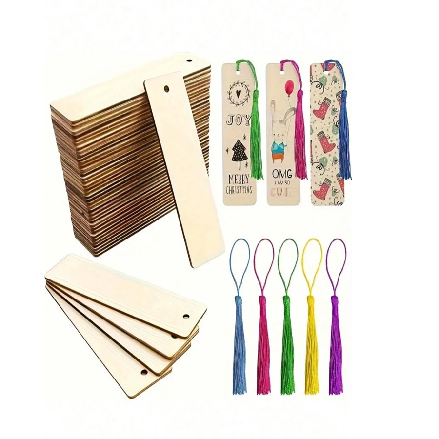20pcs Wooden Blank Bookmarks DIY Wooden Craft Bookmarks Wooden Laser Cut Wooden Pendant Wooden Square Tags (10 Bookmarks + 10 Ta