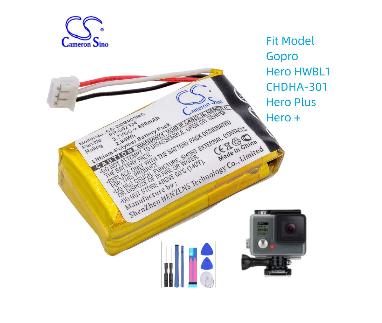 

Camera Battery For Gopro PR-062334 Hero HWBL1 CHDHA-301 Plus + Capacity 800mAh / 2.96Wh Color Black Volts 3.70V Type Li-Polymer