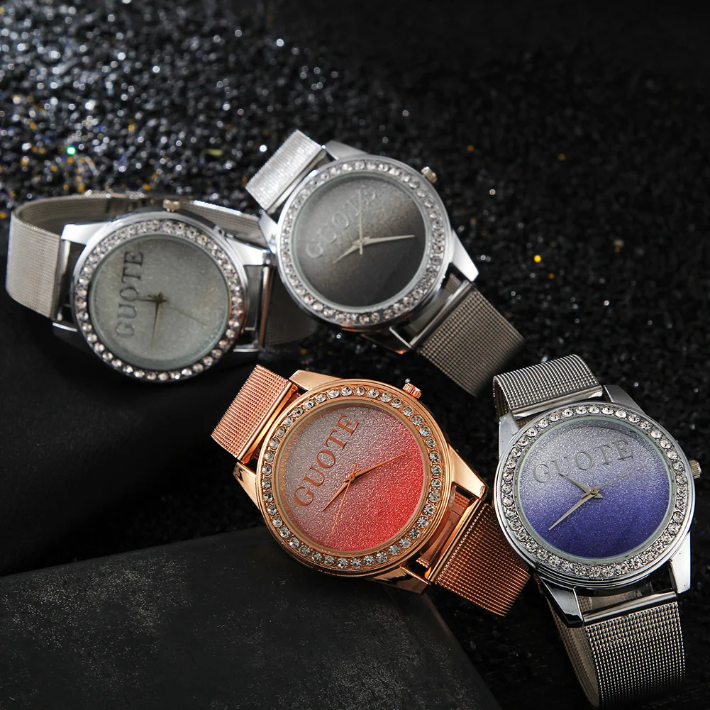 

Fashion Simple Gradient Matte Dial Stainless Mesh Women Quartz Watch Women Rhinestone Casual Wristwatch