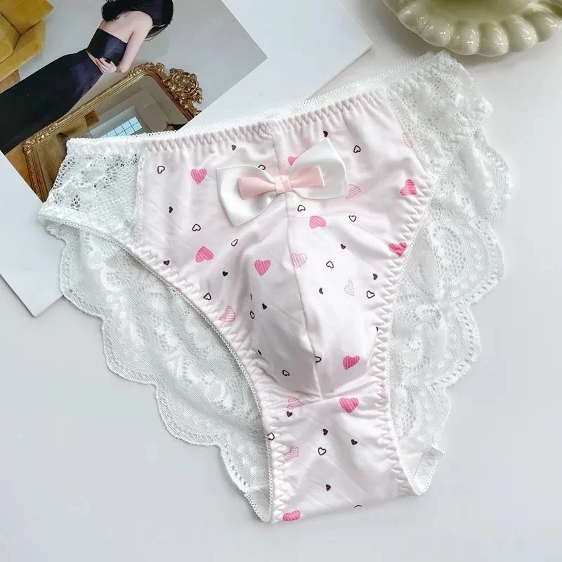 Man's Lace Hem Bowtie Flower Emroid Sweet Briefs Panties LGBQ Group Special Panties Run Tours Students FKK Party Live Show Dance