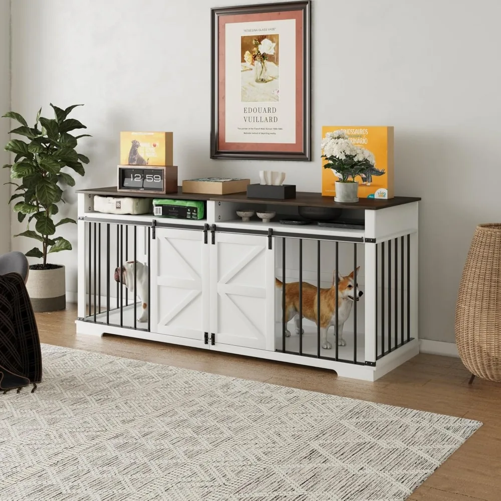 large double dog crate furniture 72.4" indoor dog kennel with sliding barn door and divider,heavy duty dog crate wooden tv stan