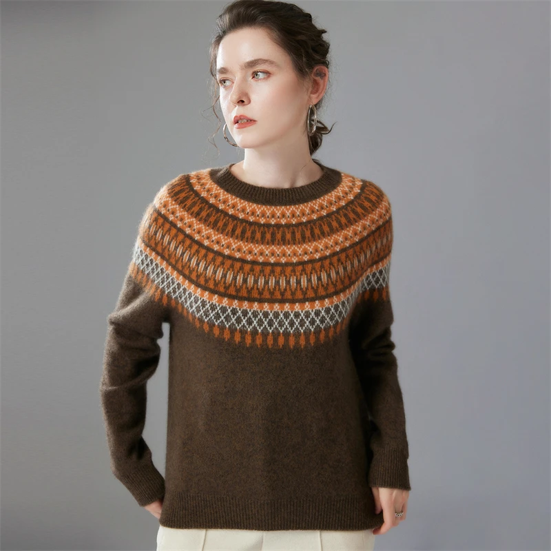 100% Geit Kasjmier Vrouwen Vintage Stijl Ronde Kraag Trui Faire Isle Jacquard Trui Herfst Winter Pure Kasjmier Trui