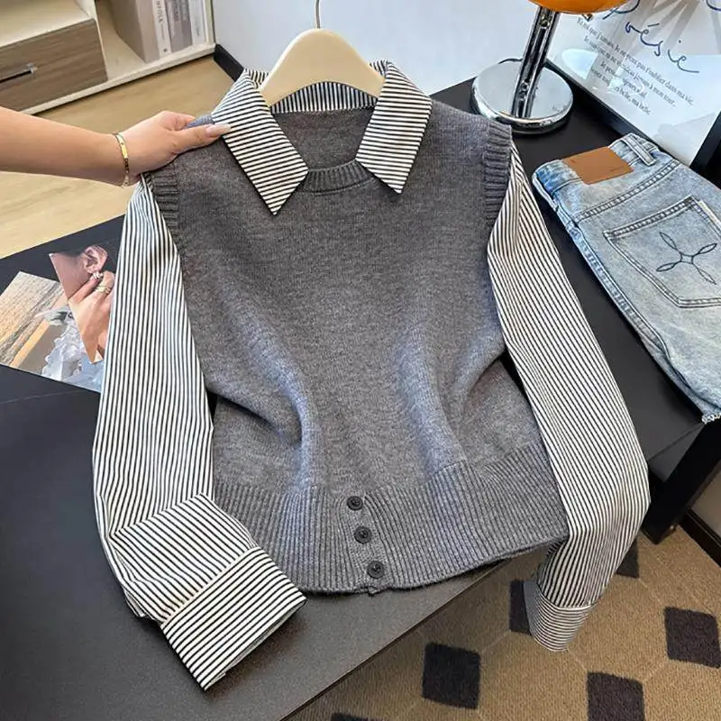 

Корейский вязаный свитер-пуловер с воротником-стойкой и вставками в полоску, имитация двухслойного дизайна, универсальный, теплый, для женщин, осень-зима