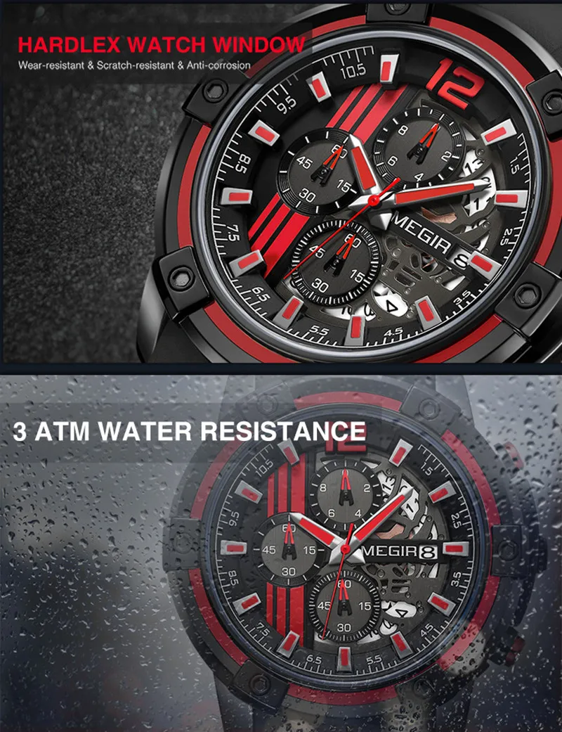 MEGIR Luxury Sport Quartz Watch Silicone Band Big Dial Military Wrist Watch Chronograph Waterproof Male Clock Relogio Masculino