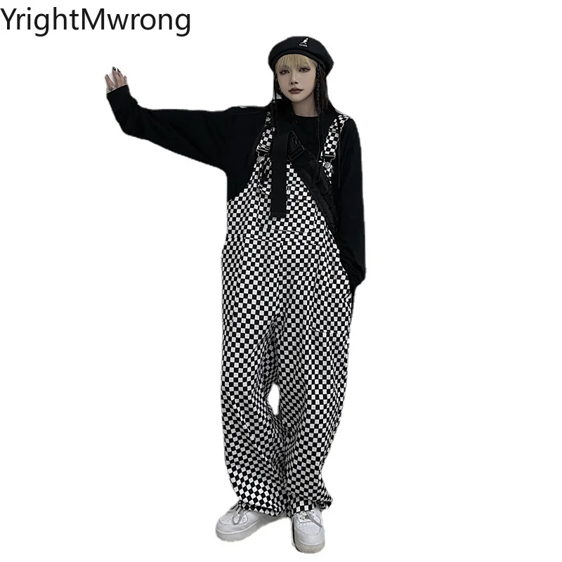 Woman Man Checker Plaid Baggy Loose Drop Wide Waist Overalls Pant Romper Jumpsuit Punk Harajuku Kpop y2k Thin Trouser Streetwear