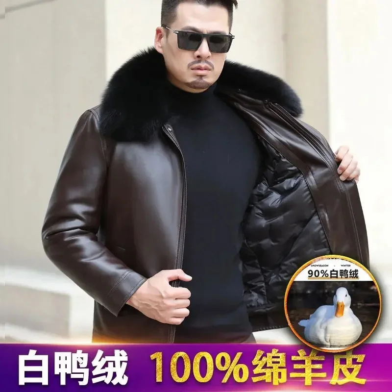 Winter Genuine Leather Jacket Men Fox collar Sheepskin Down Male Thicken 90 White Duck Coat Man Puffer Men's Clothes