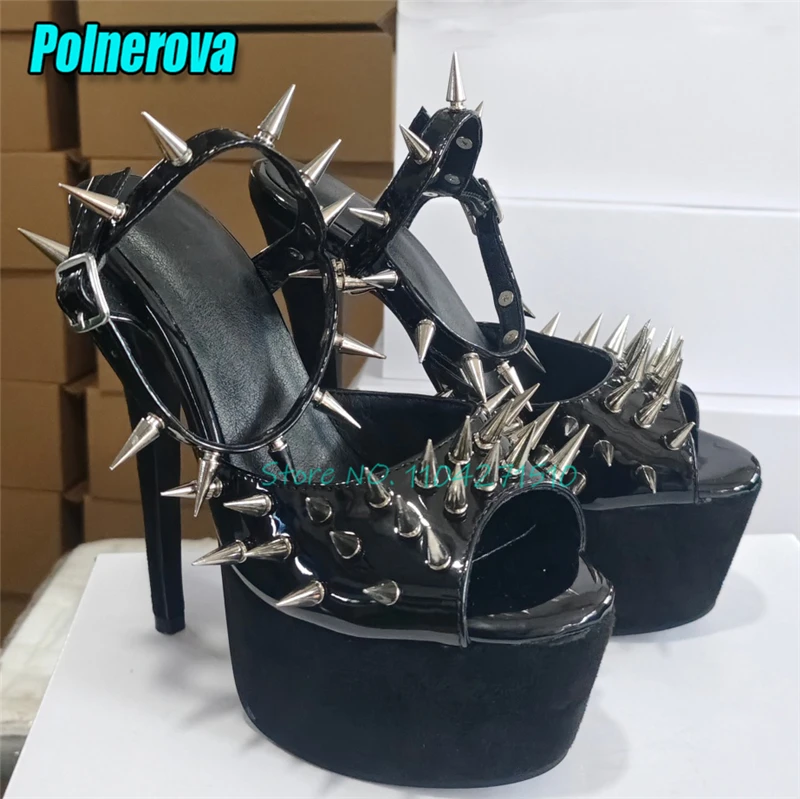 

Готические туфли-лодочки на высоком каблуке с заклепками на массивной платформе, черные туфли-лодочки из лакированной кожи с открытым носком и пряжкой на щиколотке, пикантная женская обувь большого размера