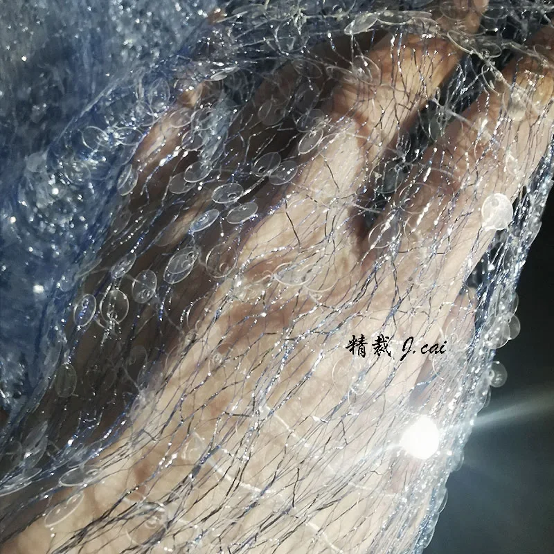 Blue Random Mesh Sequins Heavy-duty Embroidery, Perspective Flash Mesh Fabric Wedding Dress Beads Designer Fabric