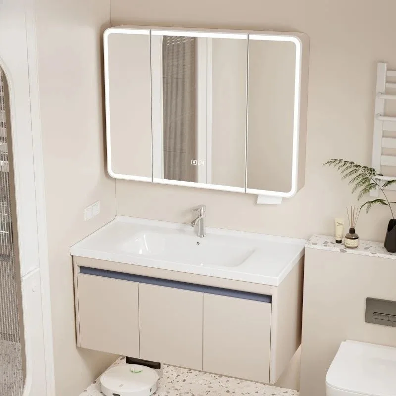 

Bathroom Cabinet Arc with Paper Drawing Port Cream White Mirror Cabinet All Aluminum Washbasin Cabinet Combination