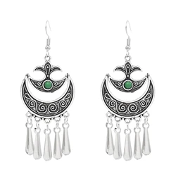 Silvery Bohemian Vintage Geometric Triangle Moon Pendant Earrings for Women Drop Tassel Charm Earrings India Jewelry Accessories