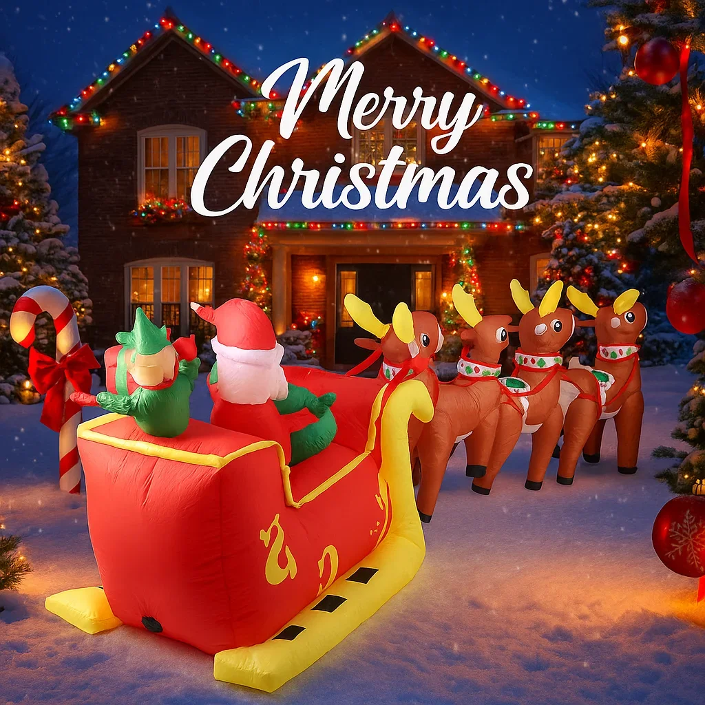12.14FT Inflatable Toy Sleigh Reindeer Santa LED Lit Xmas Yard Party Decoration Christmas Home Supplies Ornament Festive Gift
