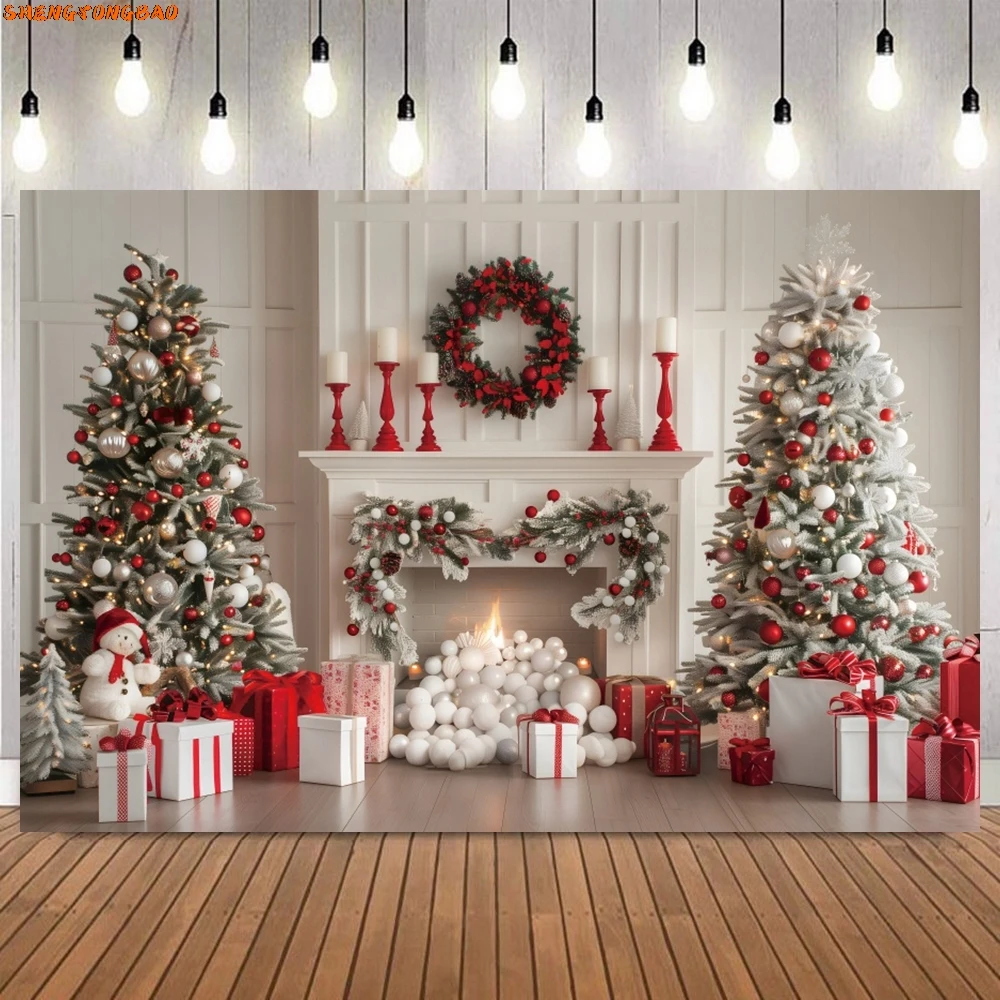 เตาผิงคริสต์มาสฉากหลัง Xmas Tree ของขวัญพวงหรีดหน้าต่างฉากภายในครอบครัวตกแต่งคริสต์มาสพื้นหลังการถ่ายภาพ