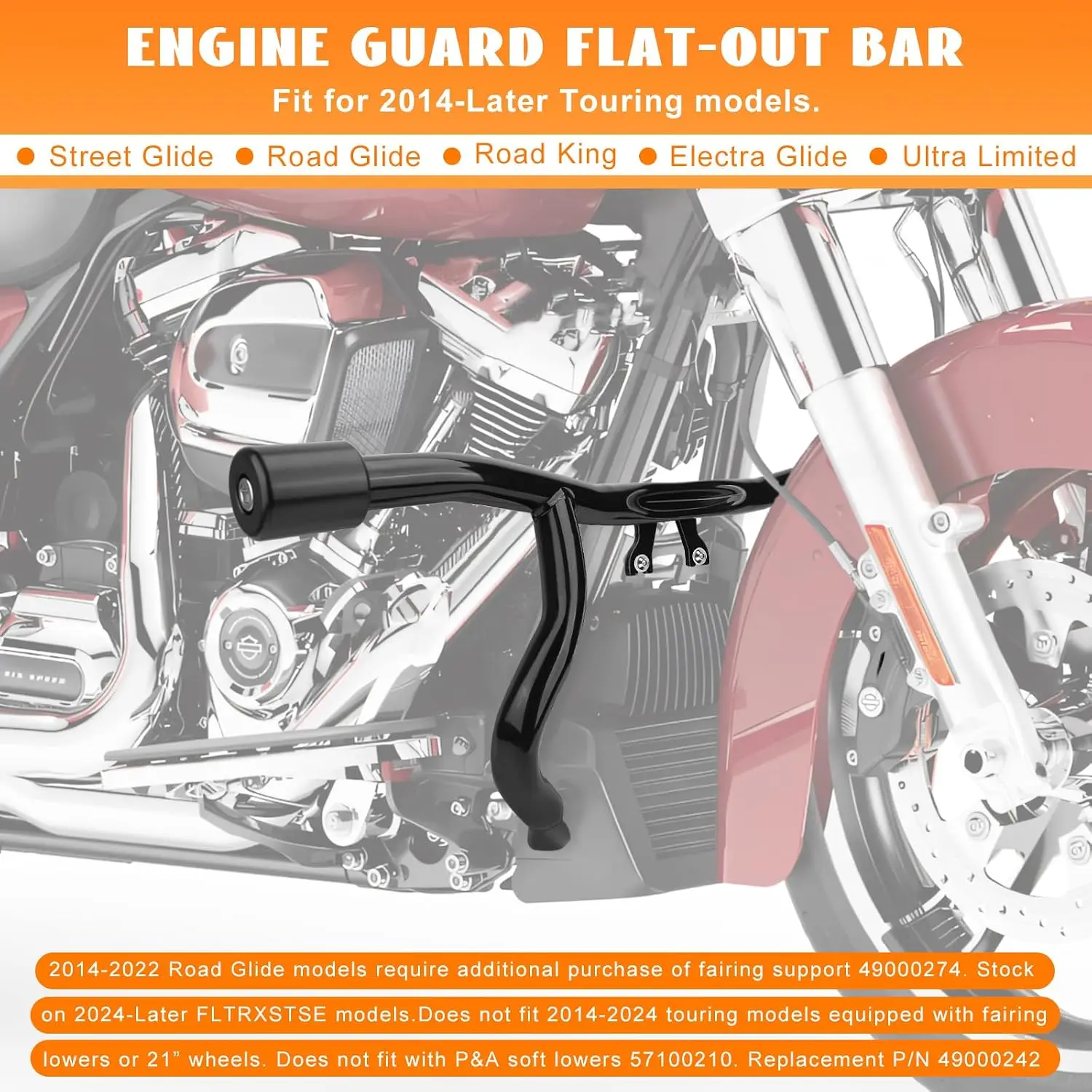 Flat-Out Engine Guard Crash Bar w/Flat Washer Fit Harley Touring Street Glide Road King Electra Glide Ultra Limited 2014-2026