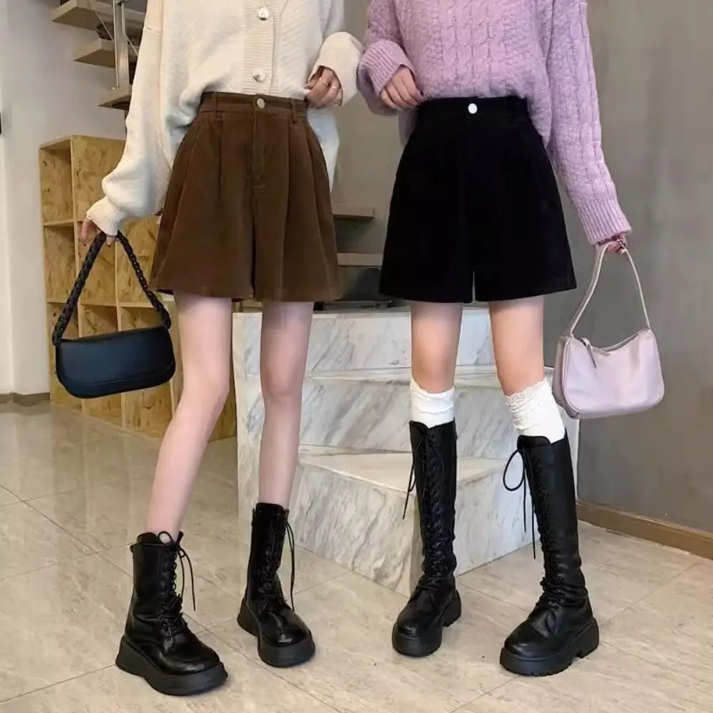 Simple High Waist Women Corduroy Shorts Stripe Two Pockets Wide Leg Short Pants Elastic Large Size Loose Streetwear Ladies