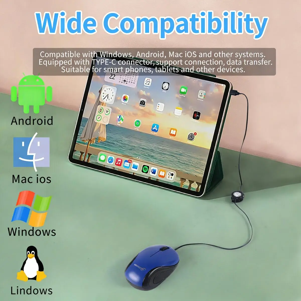 Retractable Wired Mini Mouse Silent Click Optical Plug-and-Play Ergonomic Wide Compatibility for Smartphone Tablet Office Study