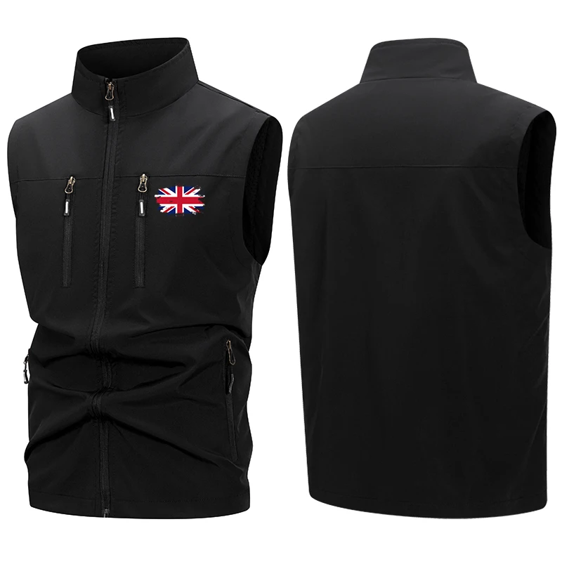 Flag Print Softshell Vest Jacket for Men Spring Fall Windproof Jacket with Zipper Pocket Outdoor Hiking Golf Outwear Windbreaker
