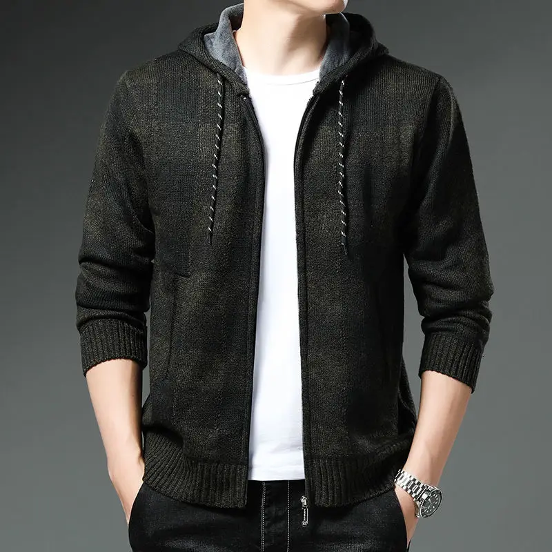 Autumn Winter New Men Stand Neck Stripe Cardigan Sweaters Zipper Casual Korean Male Clothes Fashion Fleece Knitwear Coat Top