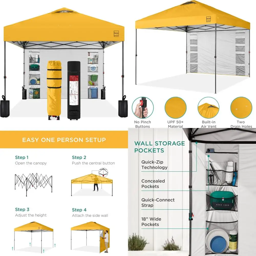 

Портативный всплывающий навес 10x10 футов с боковой стеной, 10 карманов, футляром для переноски, установкой на 1 кнопку, 4 весовых сумок — простая установка на открытом воздухе