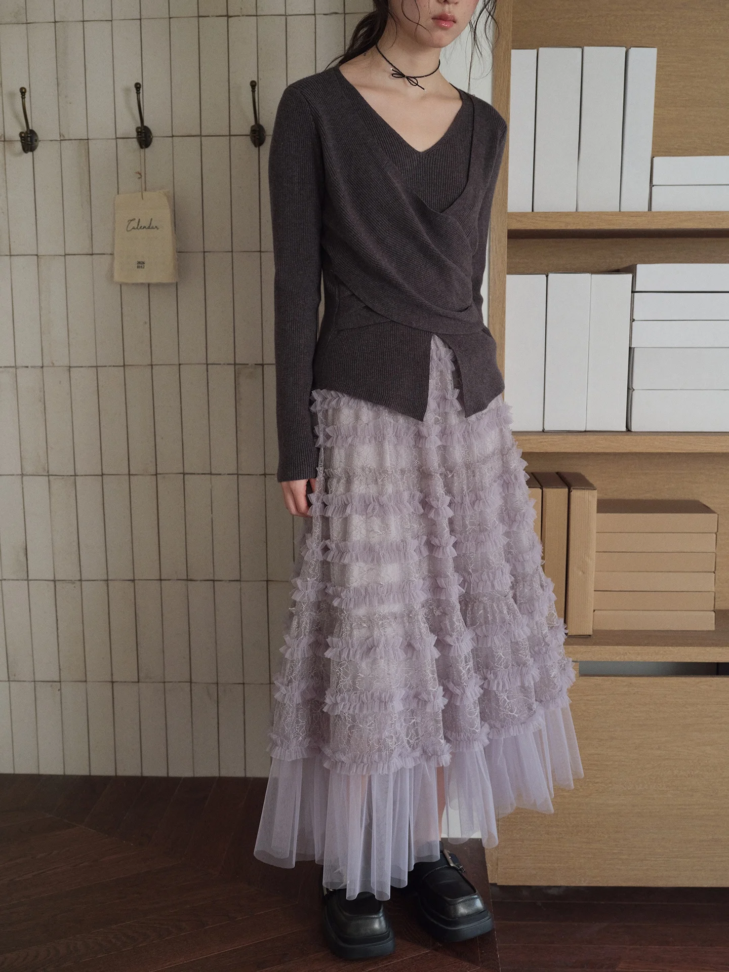 

Романтичная длинная юбка с многослойным кружевным декором, фиолетовая, повседневная, с завышенной талией, из полиэфирного волокна