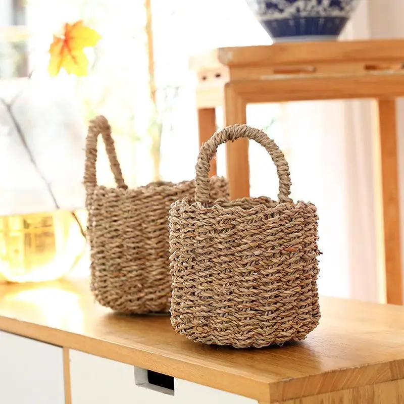 {V} Wall Hanging Basket Boho Style Hand-Woven Hanging Storage Baskets Kitchen Ginger Garlic Scallion Egg Fruit Storage Box