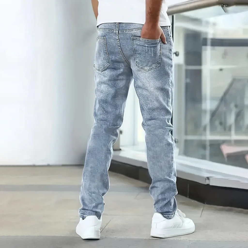 Men's Four-Season Snowflake Washed Fashion Jeans, Stretch Slim Fit Light Gray Dark Black Casual Denim Pants, Fashionable