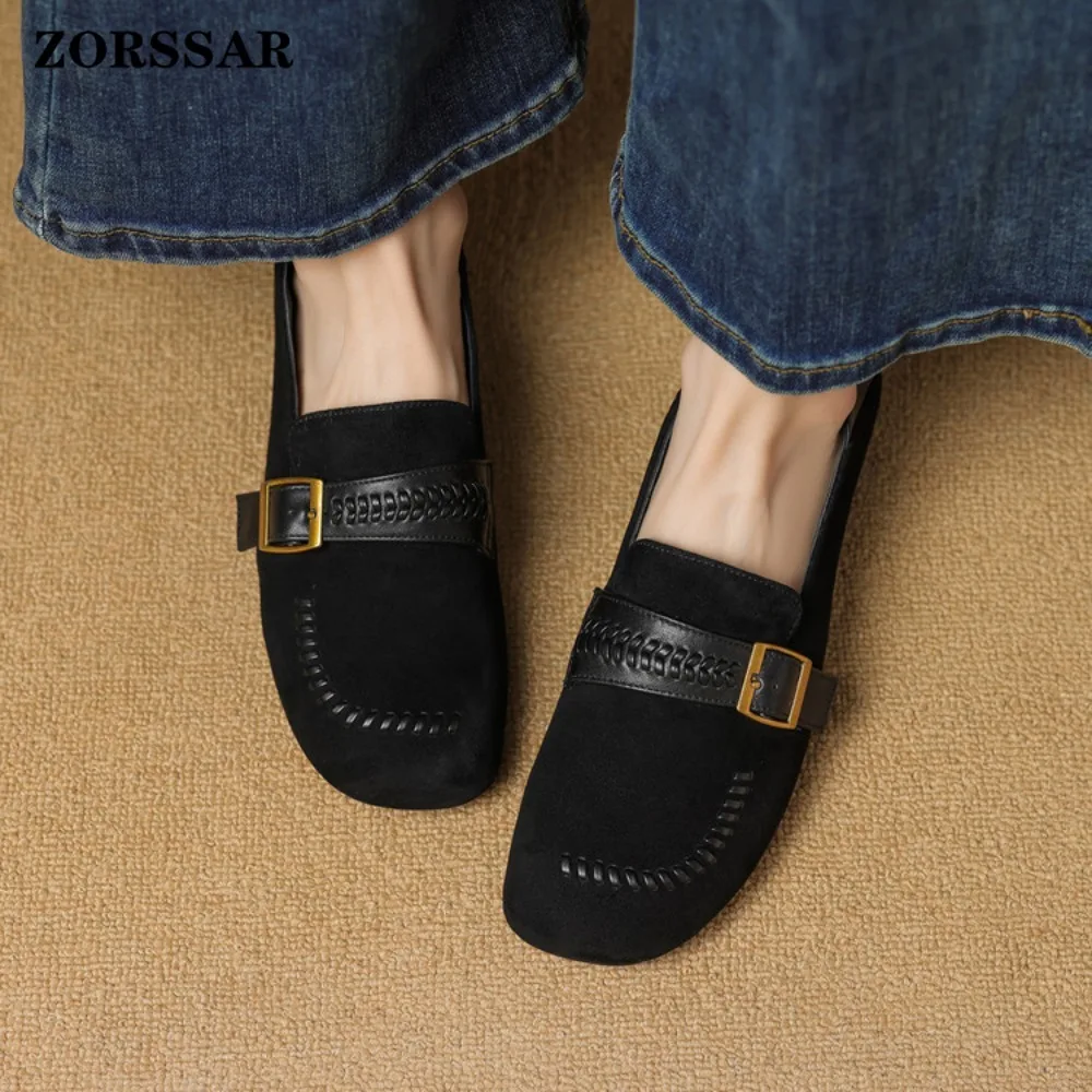 ربيع الخريف الرجعية الإناث المتسكعون 2026 نمط جديد الرومانية كعب مسطح مريح تنوعا الانزلاق على جلد الغزال النساء حذاء مسطح #5